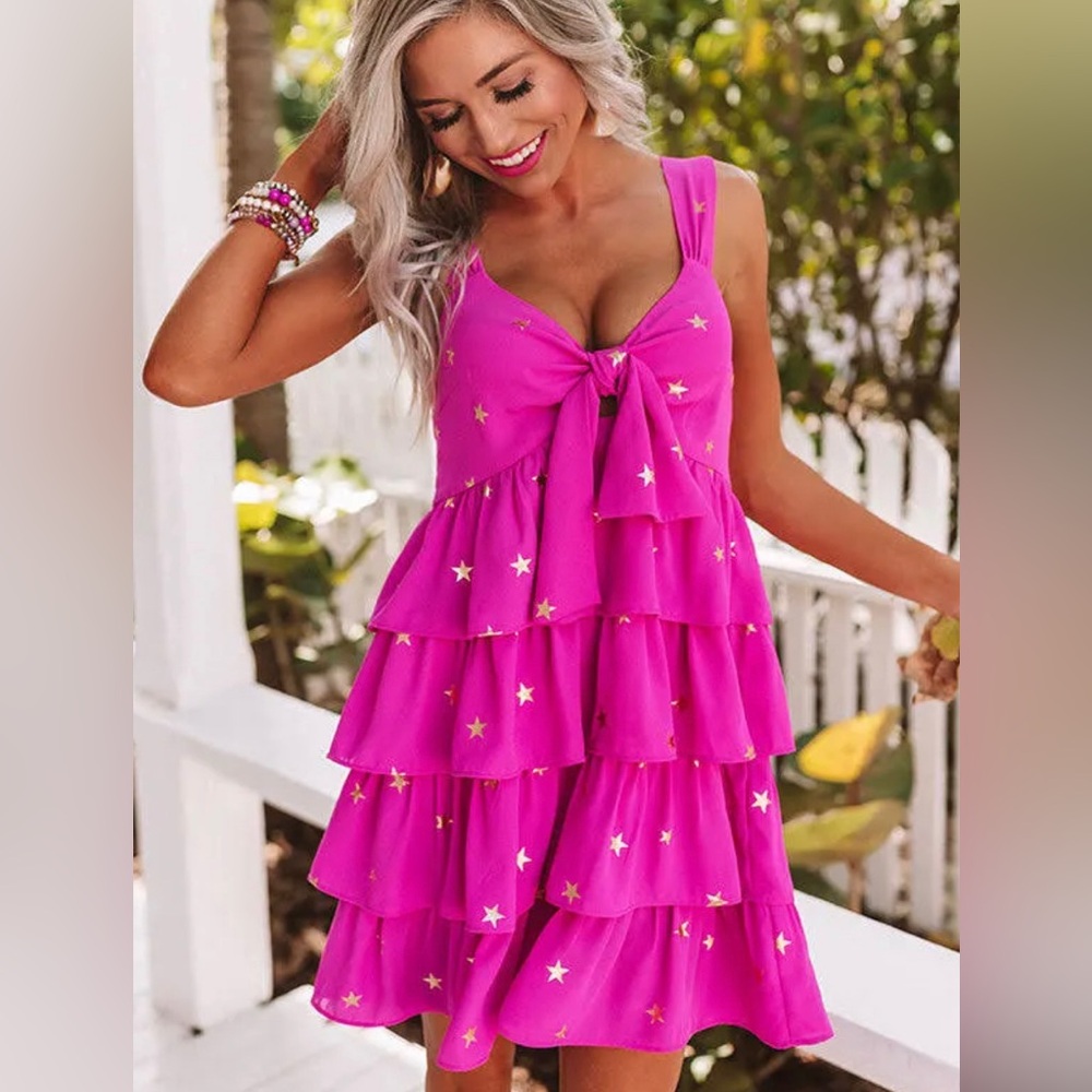 Buddy Love Shine Bright Tiered Babydoll Dress in Pink with Gold Stars
